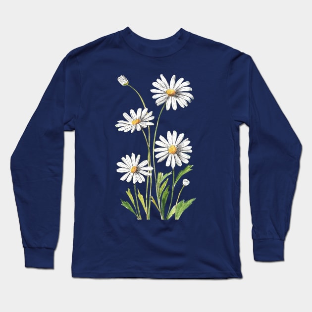 White Daisies Flowers Watercolor Painting Long Sleeve T-Shirt by Ratna Arts